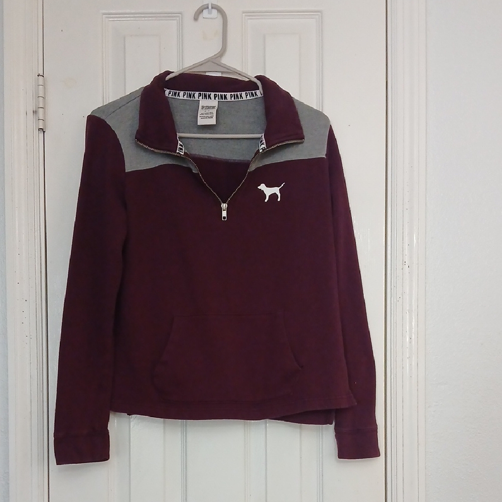 PINK Maroon/Burgundy & Gray Half Zip-Up Sweater